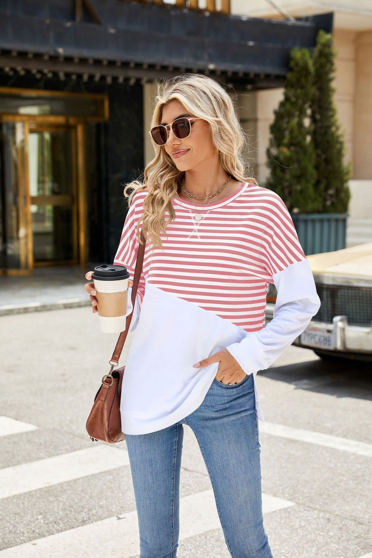 Women's Color Block Striped Crewneck Sweatshirt Oversized