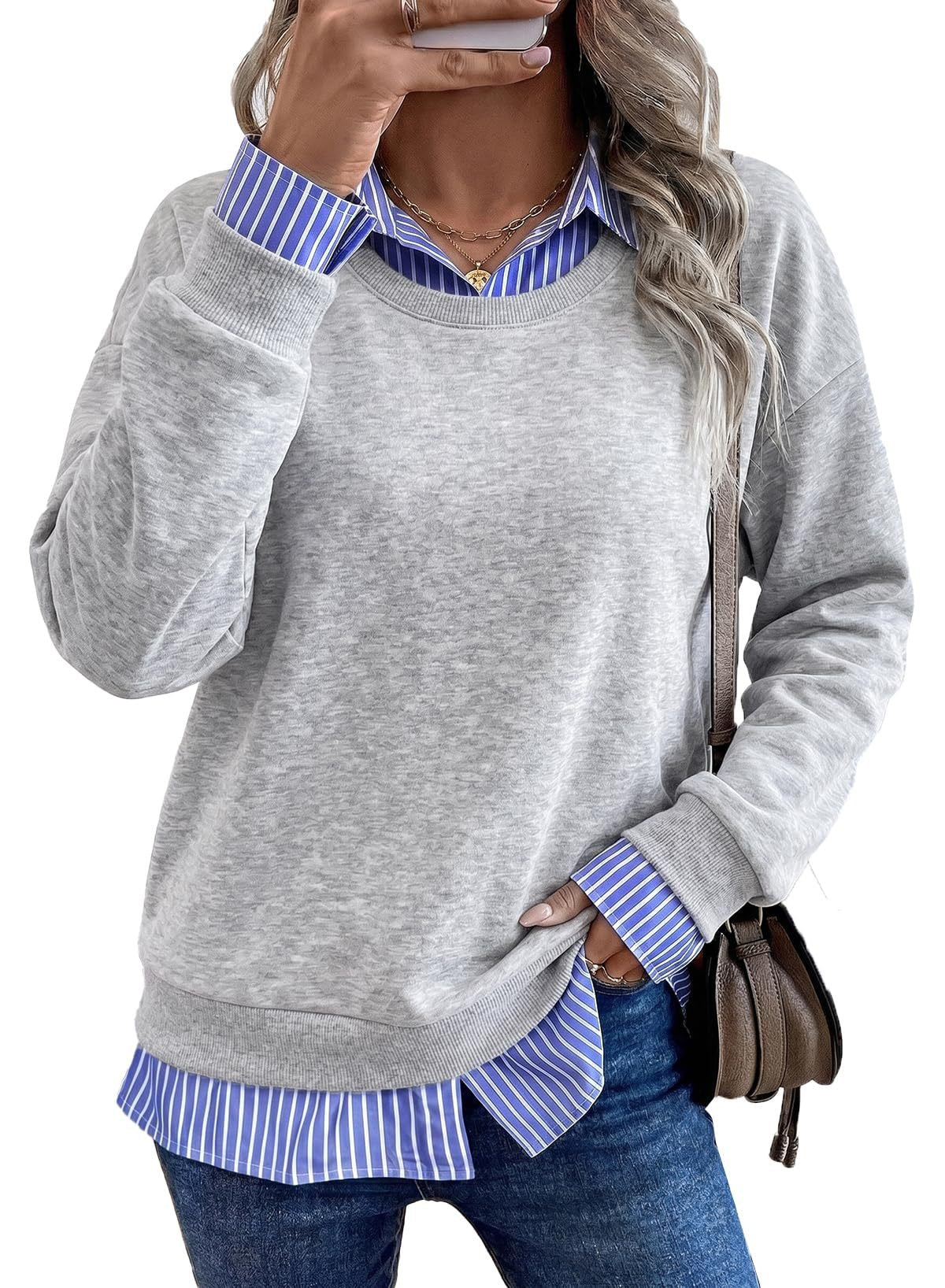 Faux Layered Crewneck Sweatshirt Striped Shirt Detail