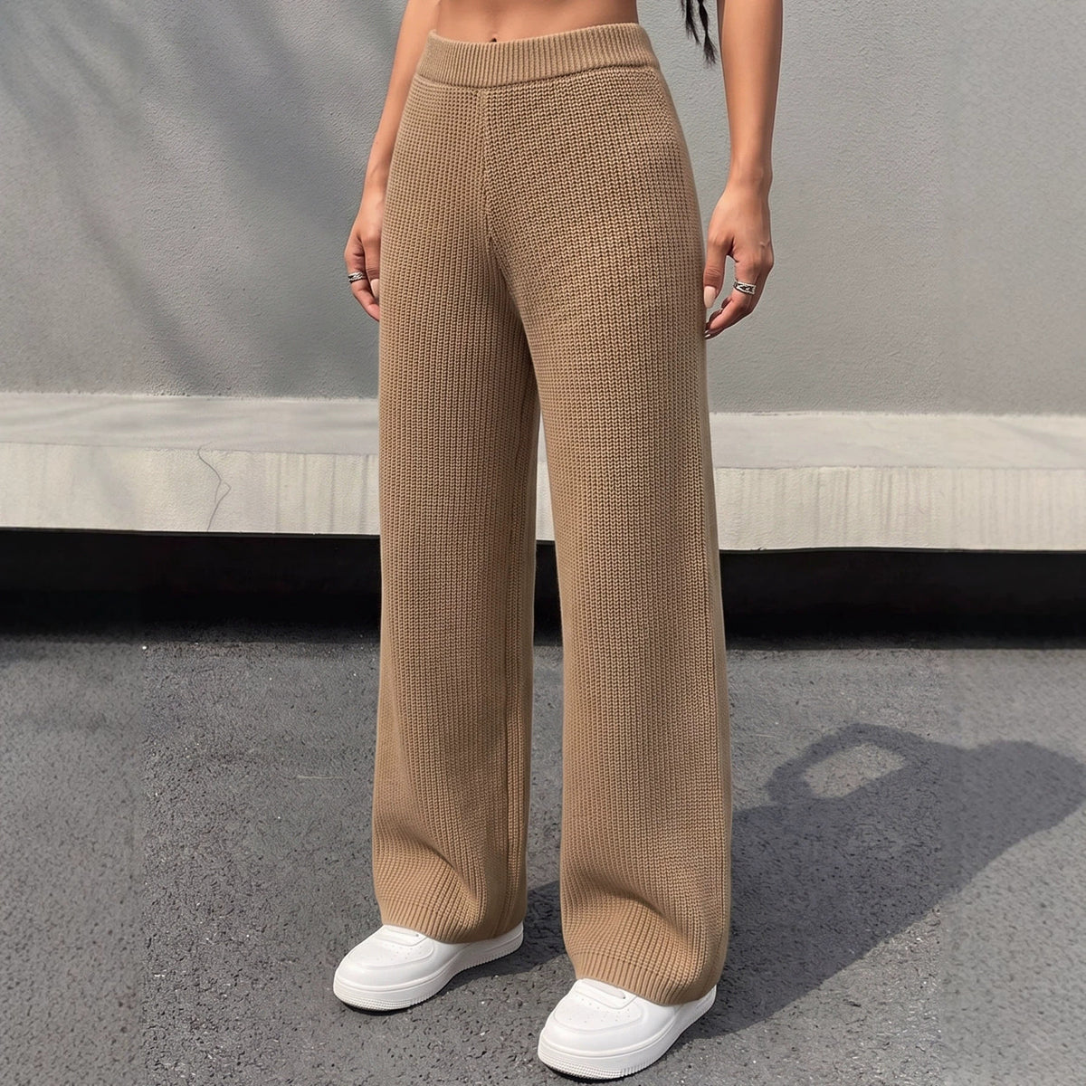 Women's High Waist Ribbed Knit Wide Leg Pants