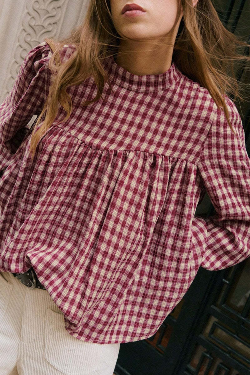 Plaid Mock Neck Babydoll Blouse Long Sleeve Top