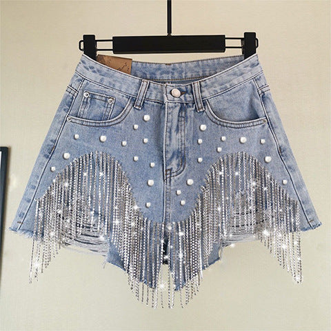 Rhinestone Fringe Denim Shorts High Waist Festival