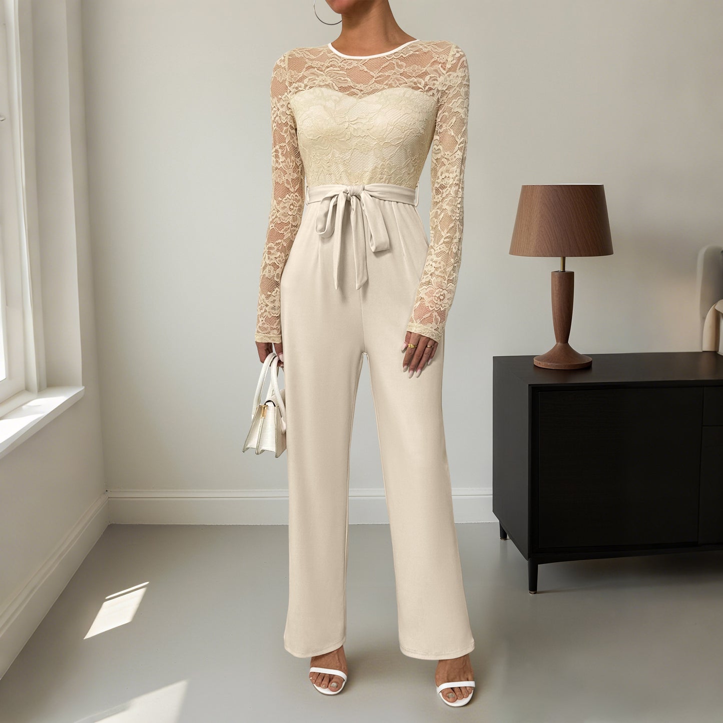 Elegant Lace Patchwork Jumpsuit with Belt Long Sleeve