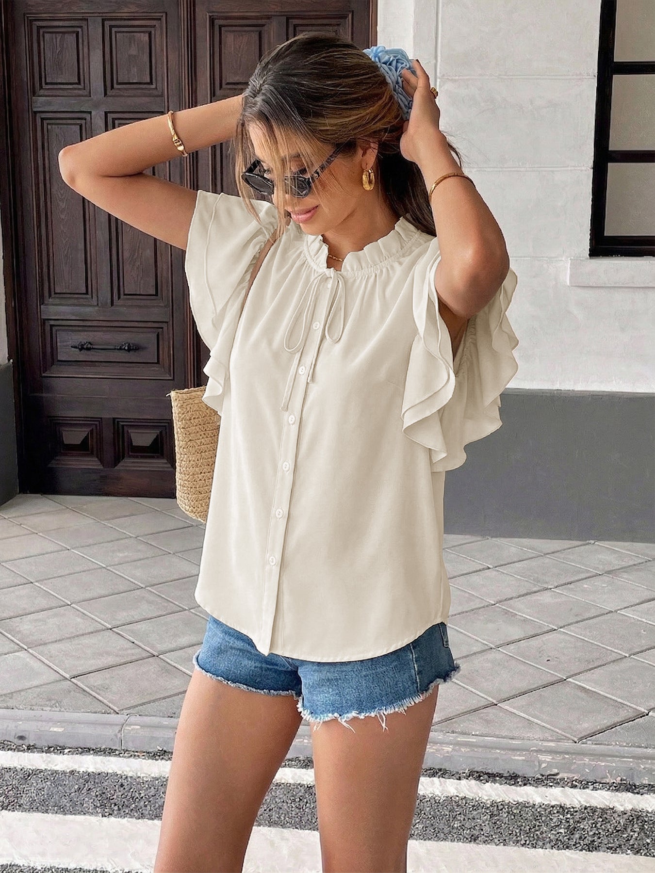 Women Ruffle Sleeve Tie Neck Button Down Blouse