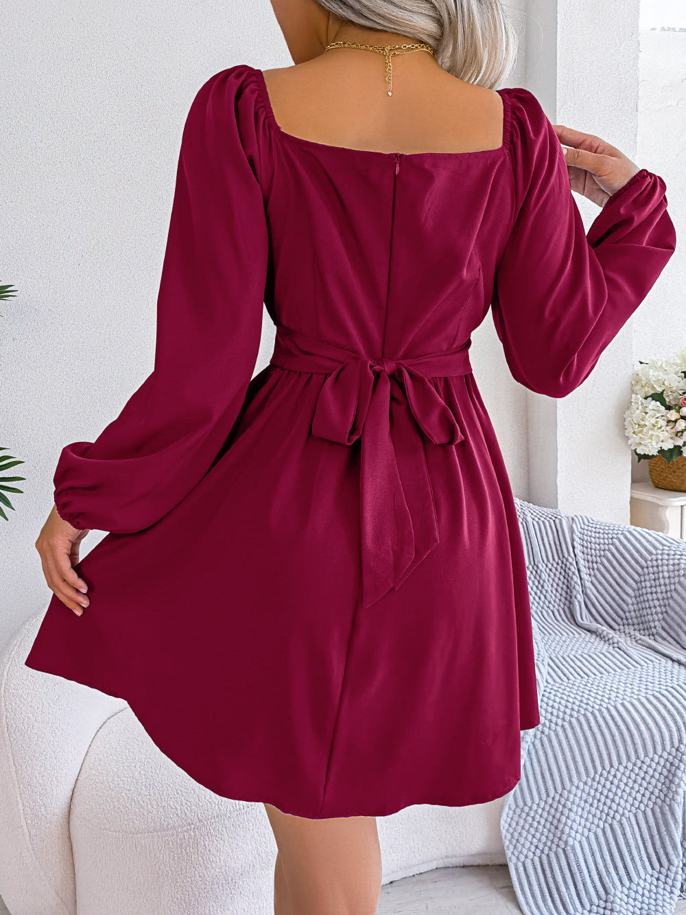 Women's Square Neck Dress Long Sleeve Elastic Waist Flowy Swing