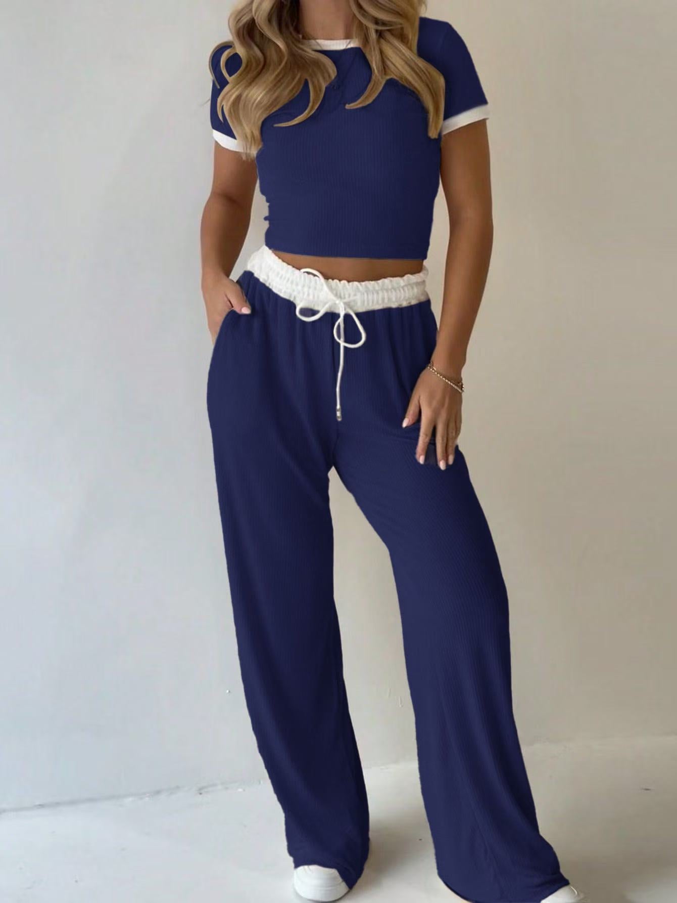 Women’s Wide Leg Pants Set Short Sleeve Casual Two Piece