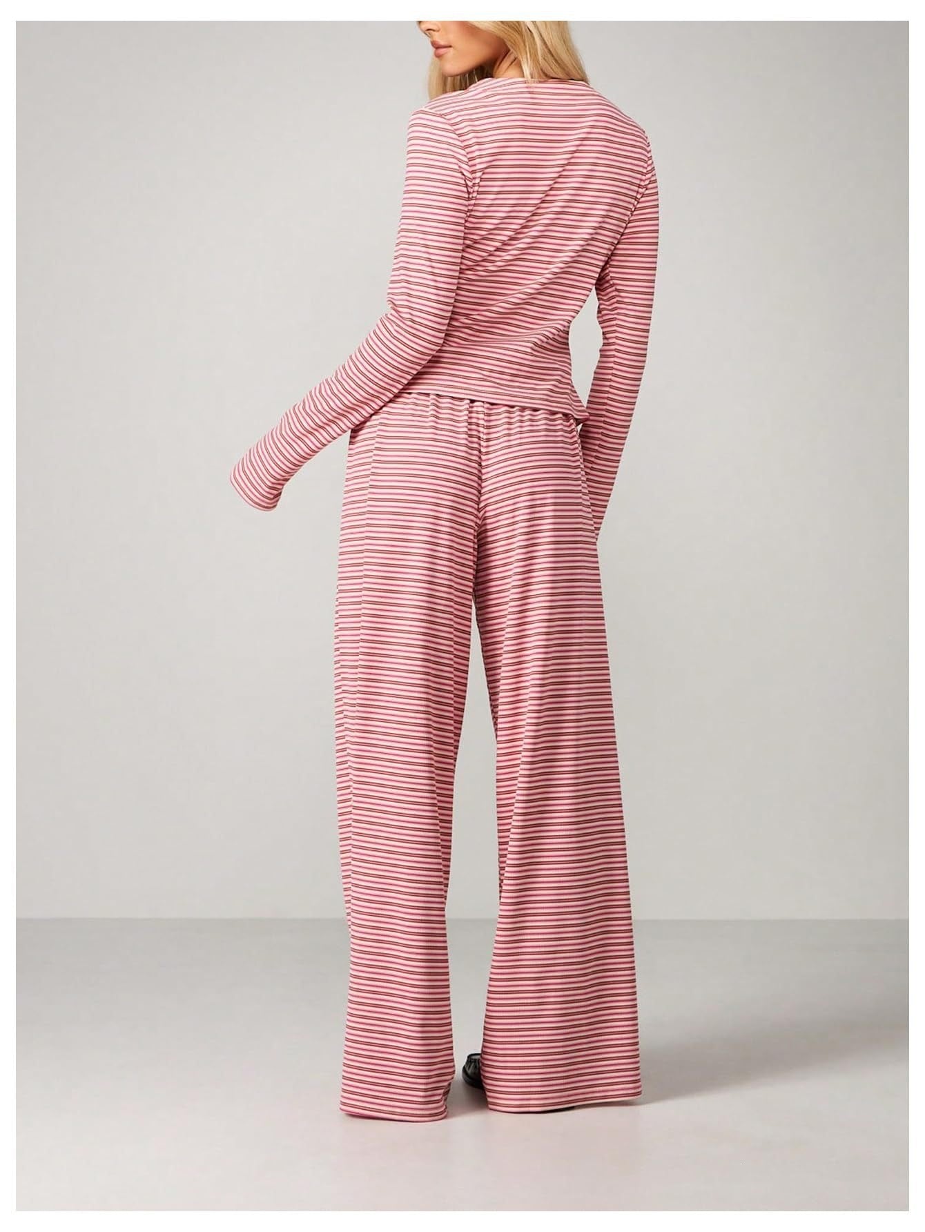 Striped Lounge Set Long Sleeve Top & Pants Soft Casual Outfit