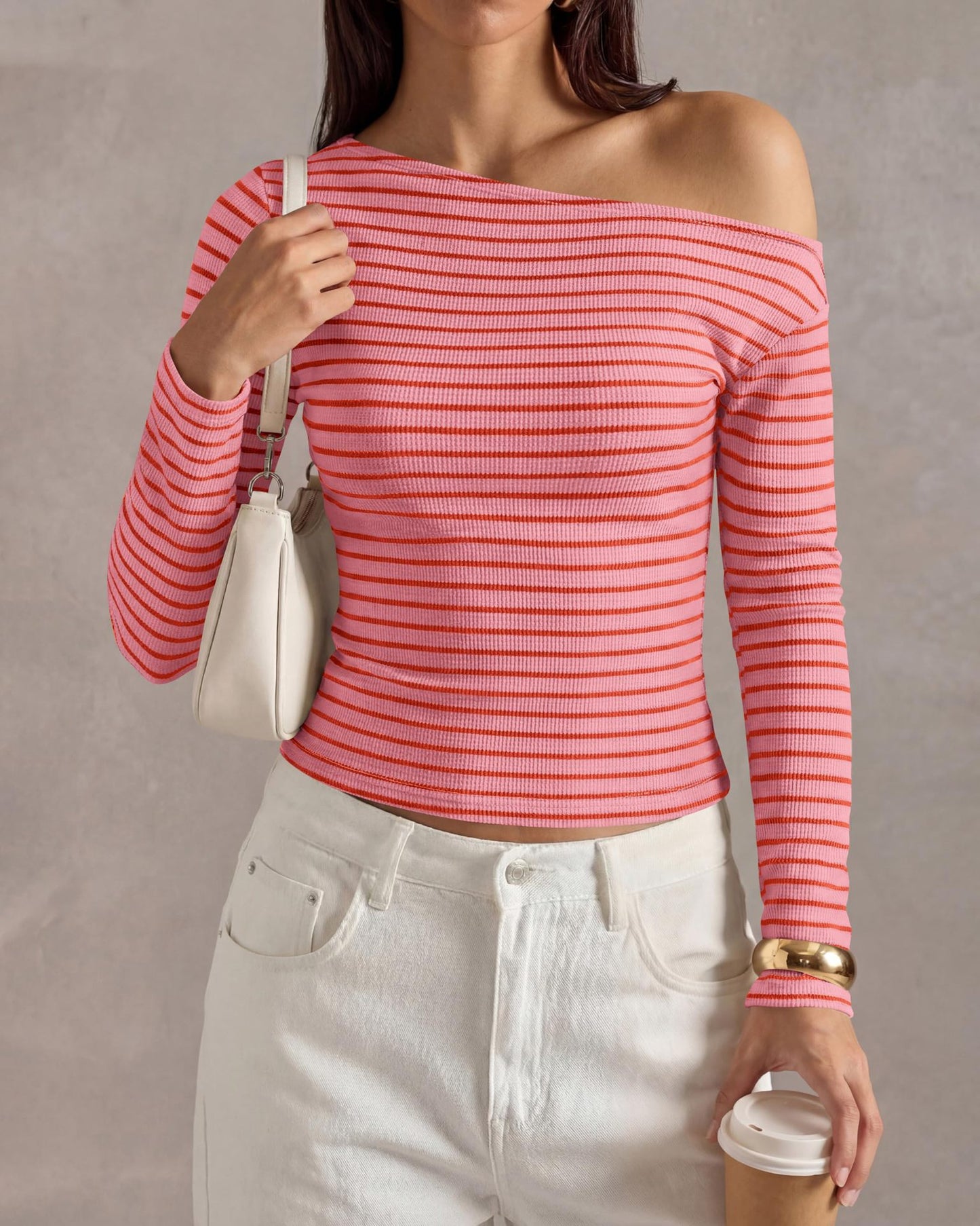 Ribbed Off Shoulder Striped Long Sleeve Knit Top