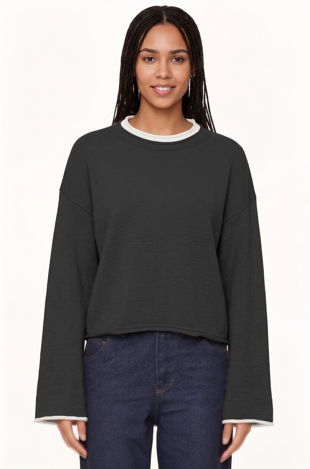 Women's Oversized Crewneck Contrast Trim Sweater