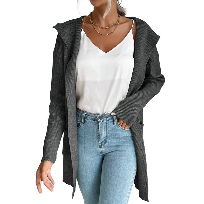Hooded Knit Cardigan Long Sleeve Open Front Outerwear
