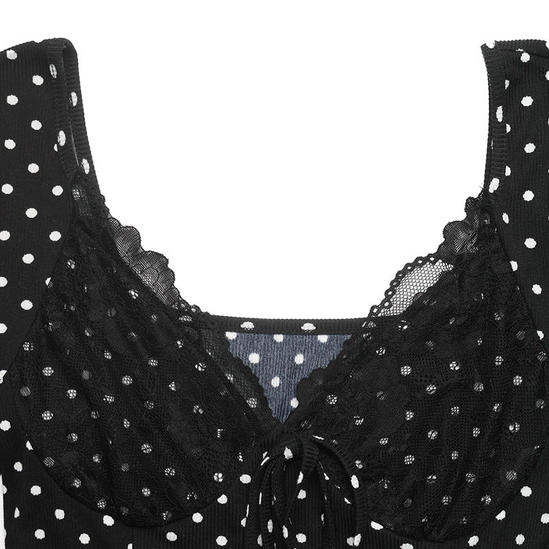 Polka Dot Lace V Neck Mini Dress Vintage Long Sleeve