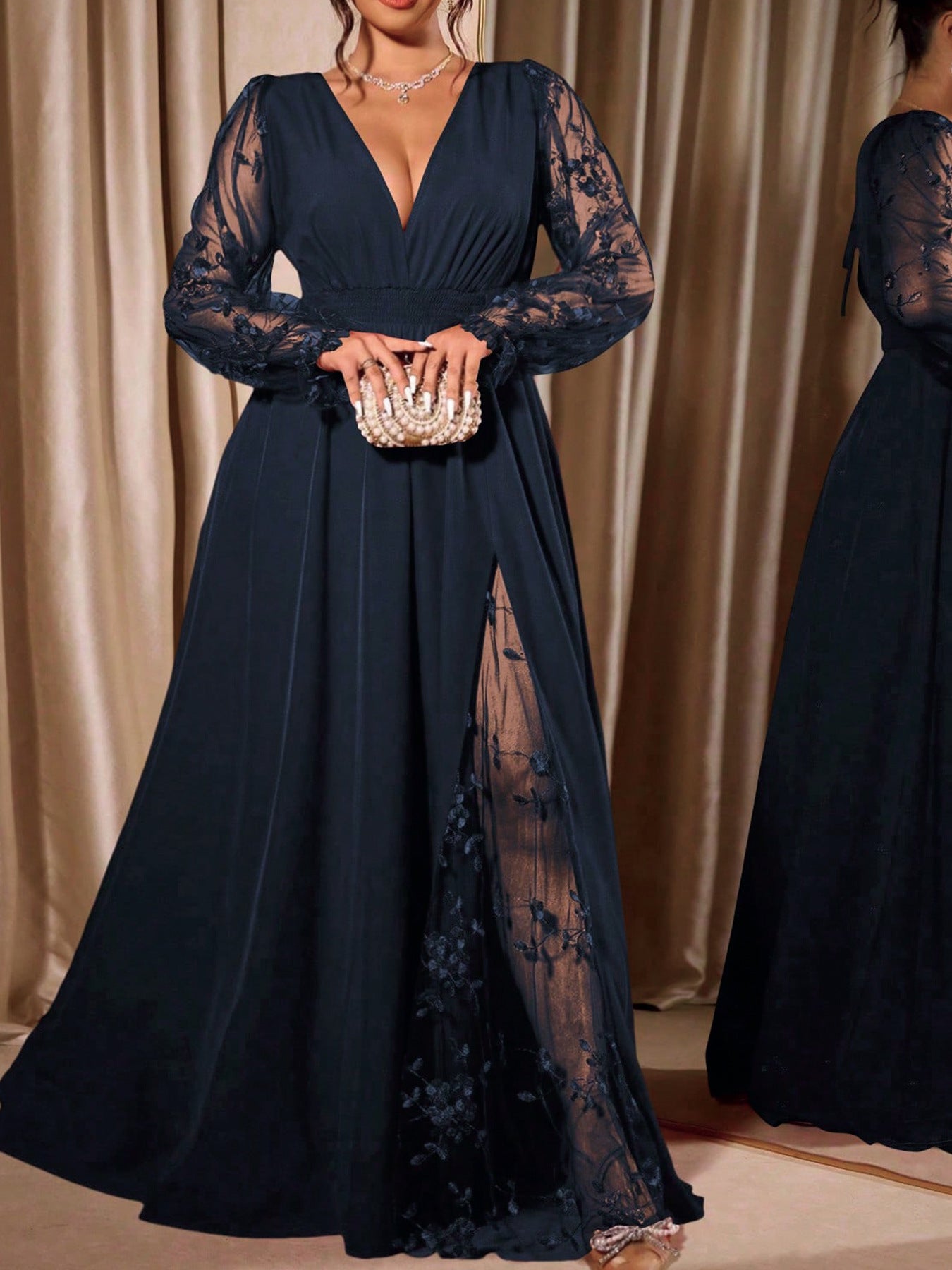 Plus Size Lace Sleeve V Neck Formal Maxi Dress