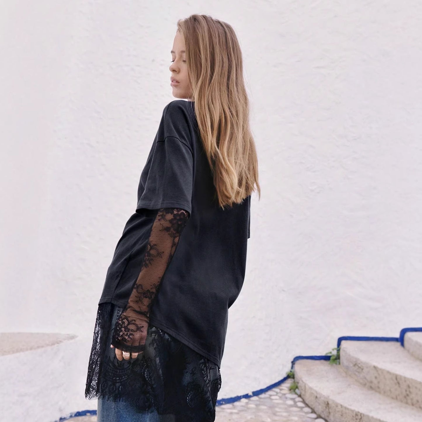 Women Lace Patchwork Sheer Sleeve Loose T Shirt