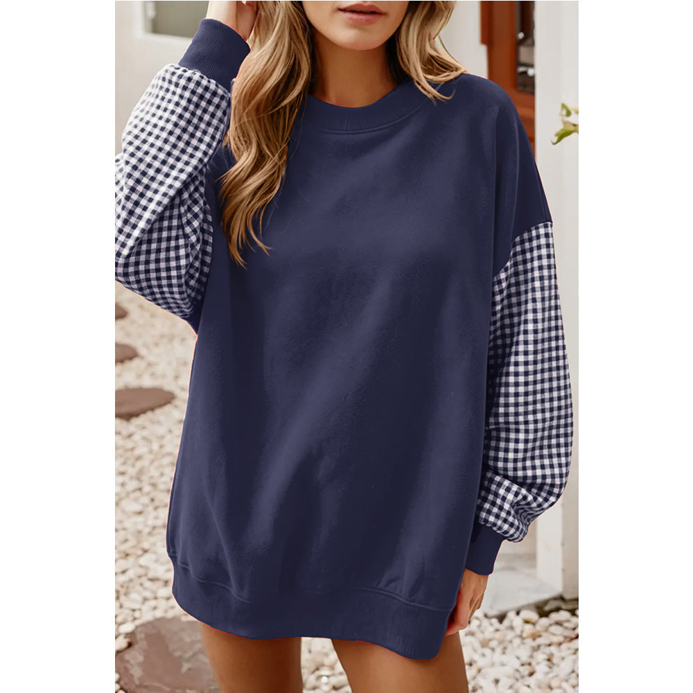 Gingham Knit Sweatshirt Oversized Colorblock Pullover