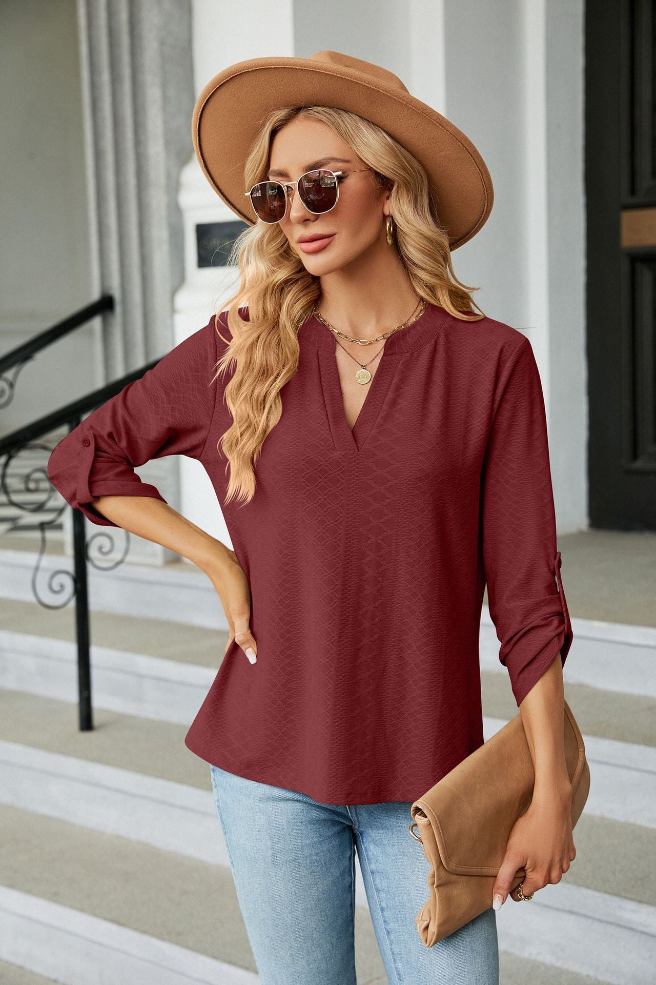 Women's V Neck 3/4 Sleeve Button Loose Fit Blouse Top