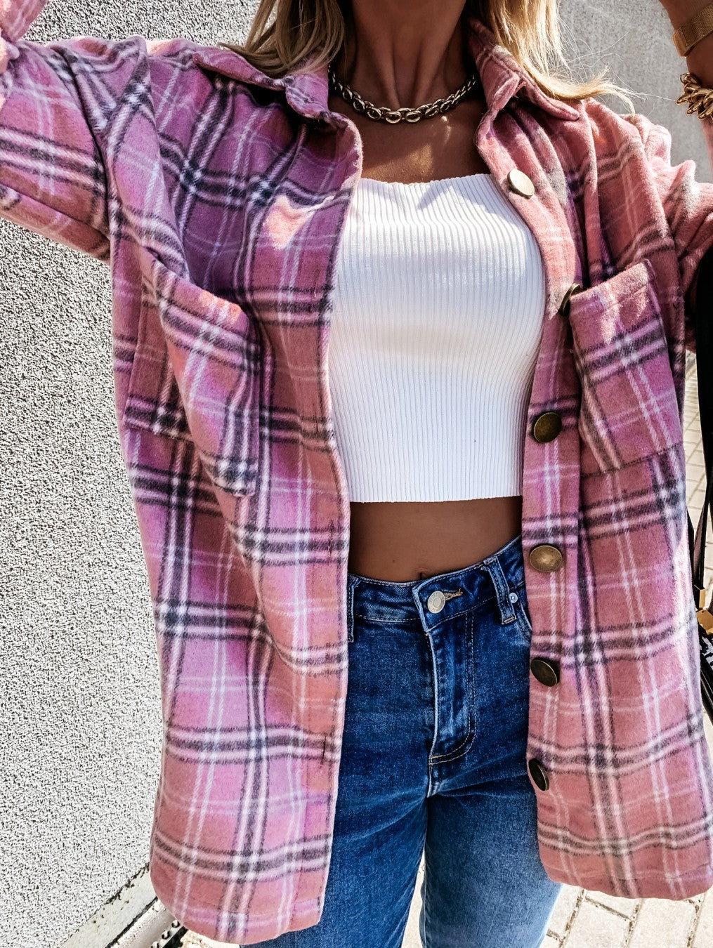 Plaid Shacket Button Front Oversized Longline Fit
