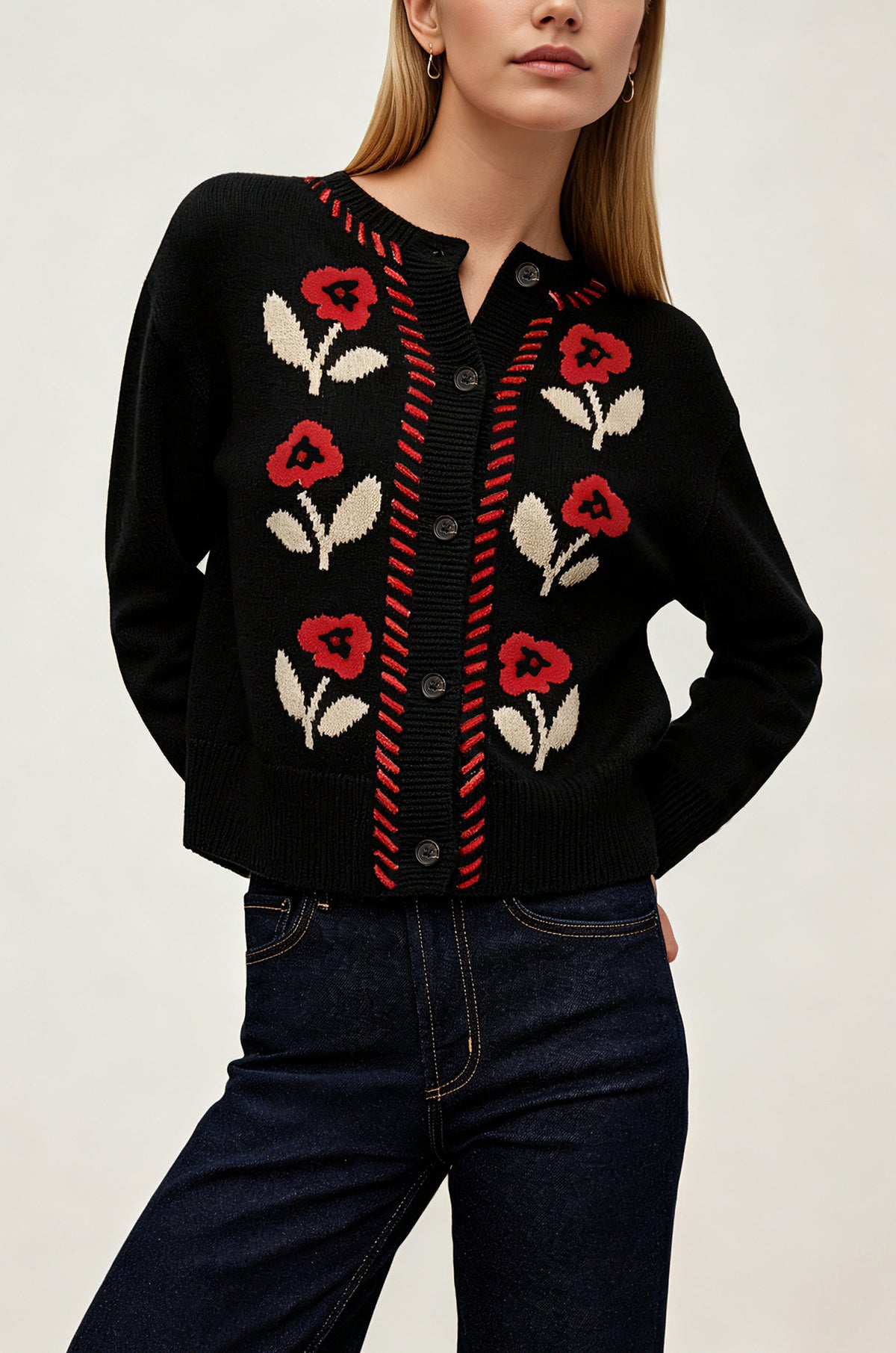 Women's Vintage Floral Knit Cardigan Button Front Sweater