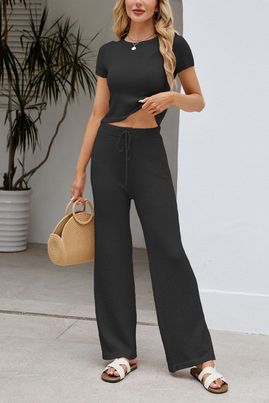 Solid Knit Short Sleeve Top and Pants Set