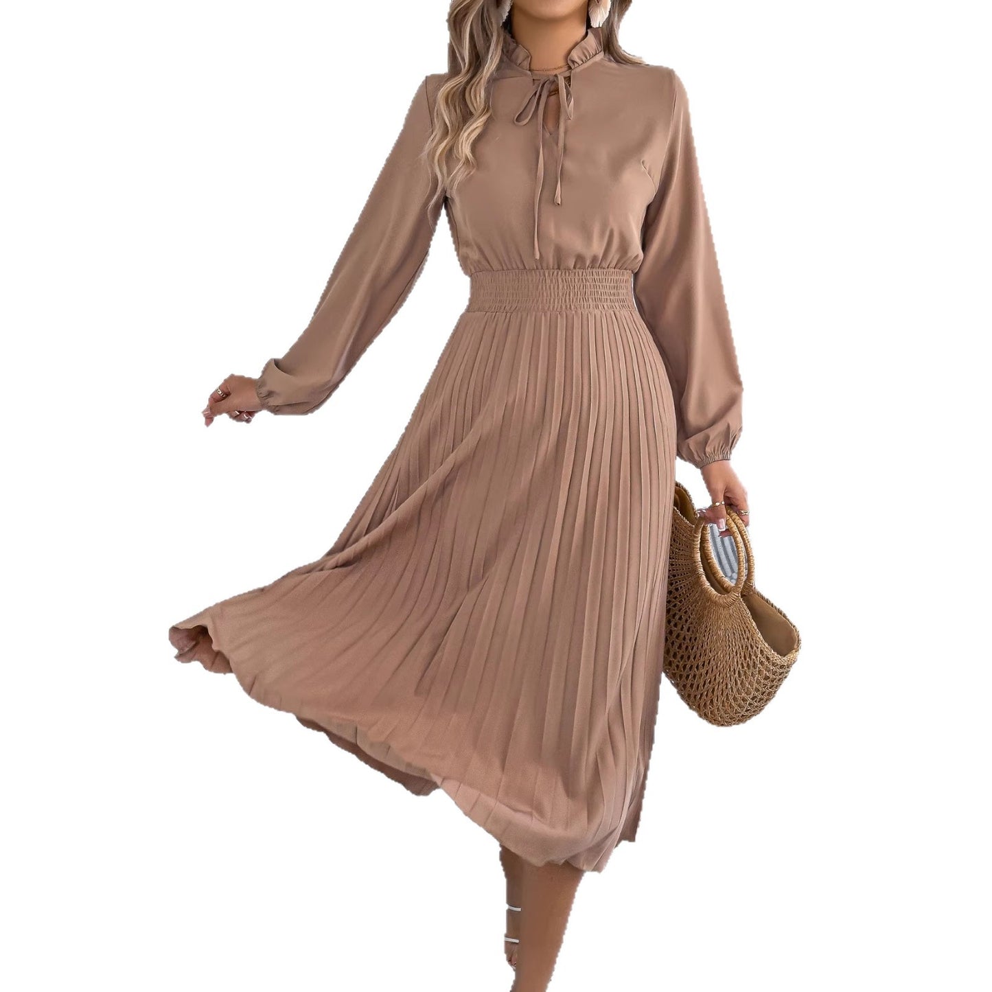 Green Tie Neck Lantern Sleeve Pleated Maxi Dress