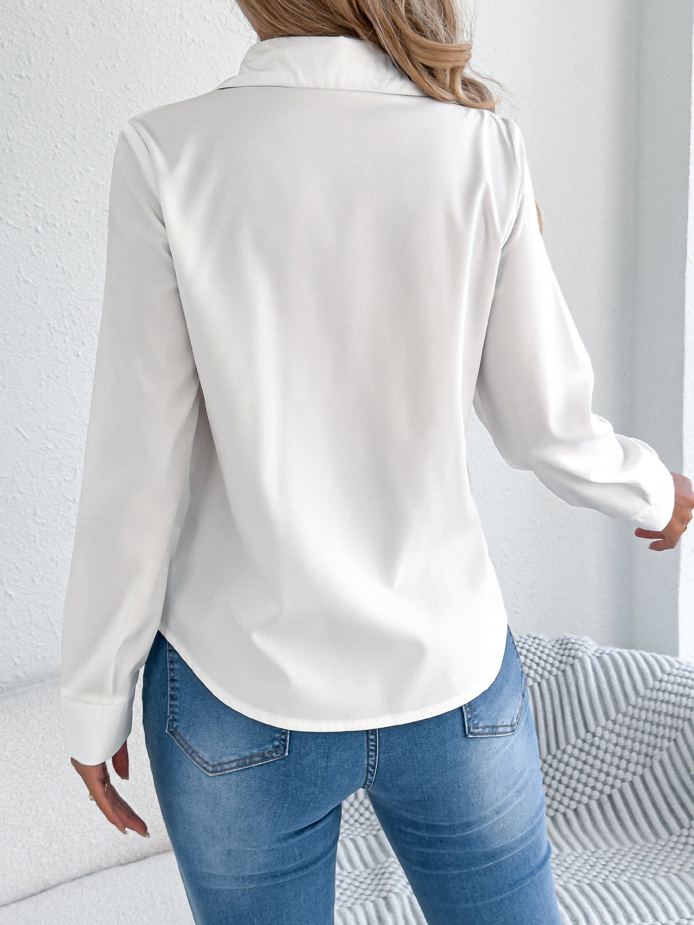 Pleated Long Sleeve Button Down Collared Blouse