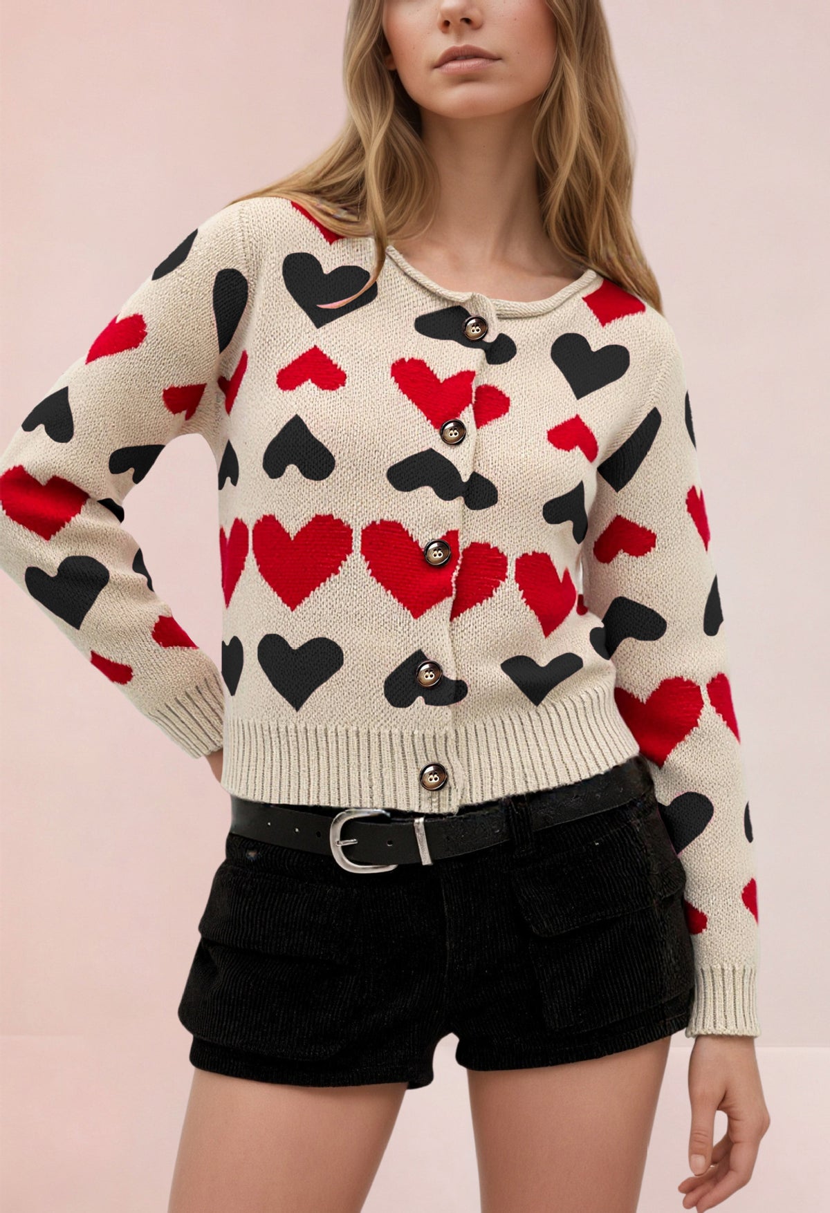 Women's Heart Print Color Block Knit Button Front Cardigan