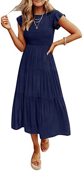 Smocked Waist Flutter Sleeve Tiered Midi Dress for Women