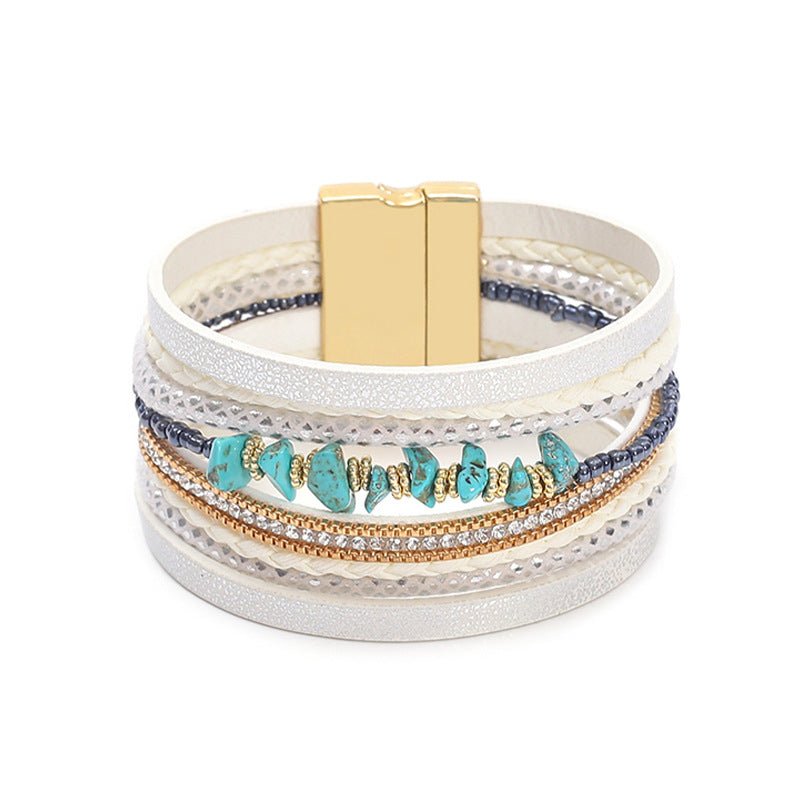 Boho Turquoise Beaded Leather Wrap Bracelet for Women
