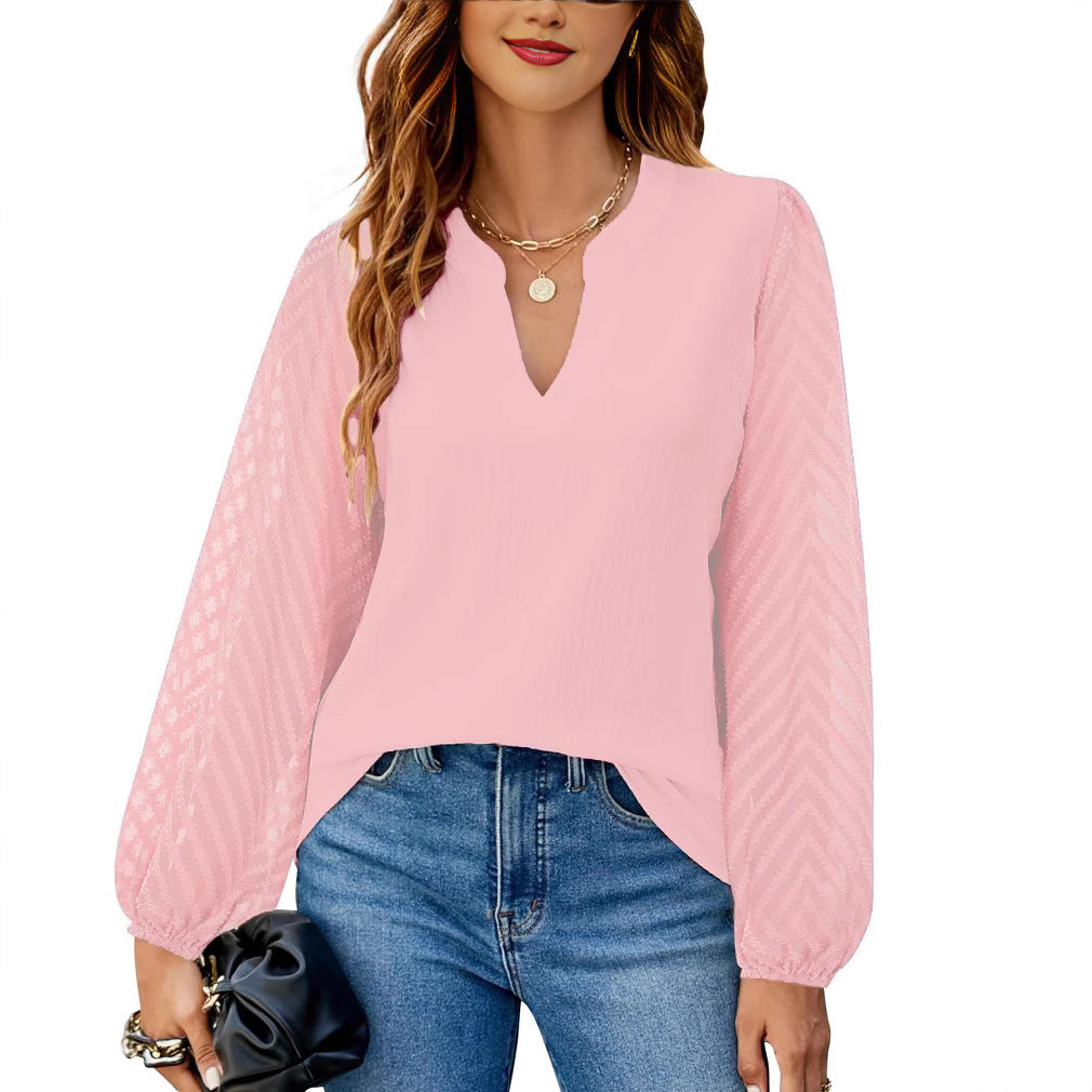 Solid V Neck Chiffon Blouse Lace Puff Sleeve Top