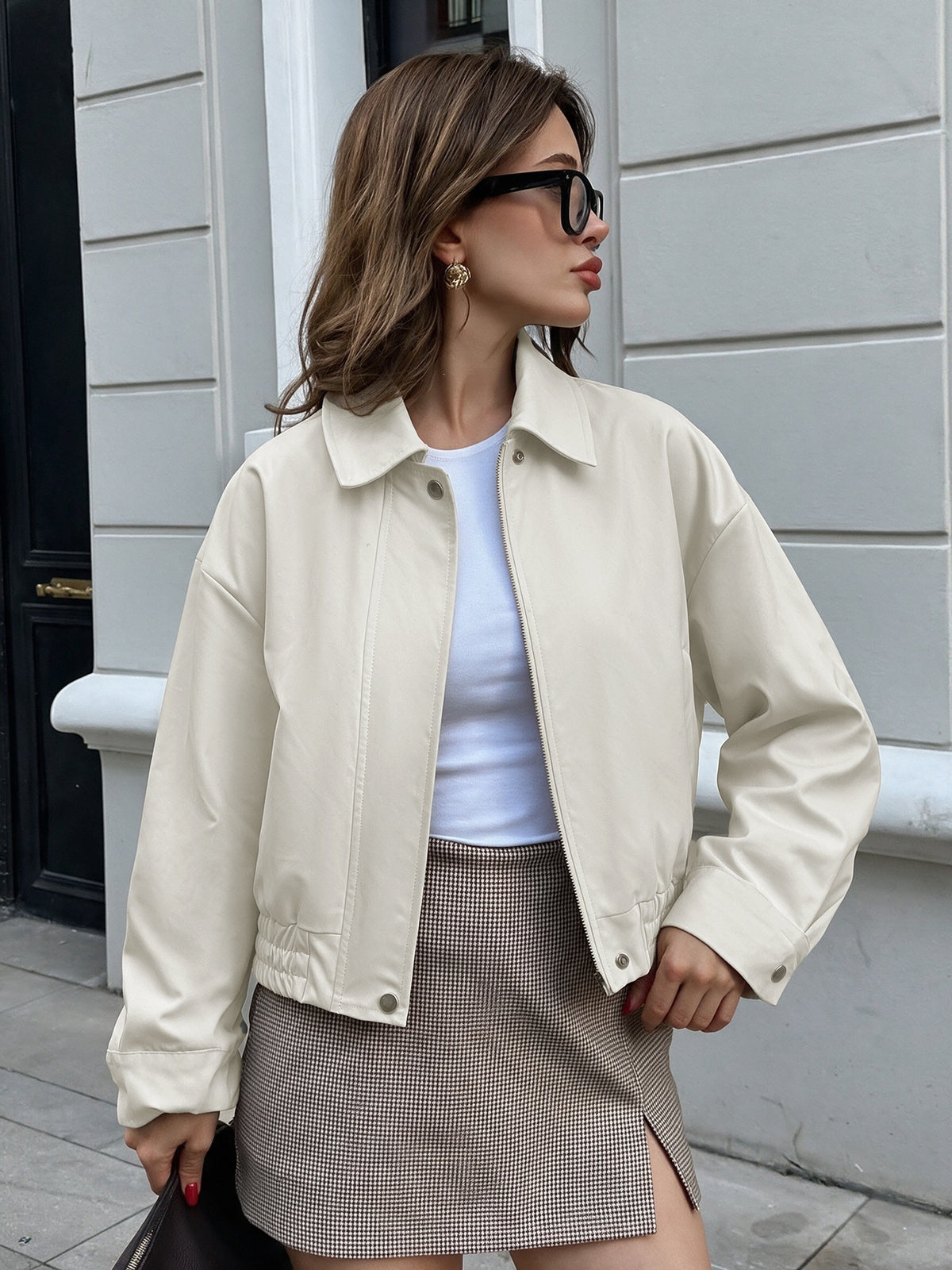 Women's Oversized Cropped Zip-Up Collared Jacket