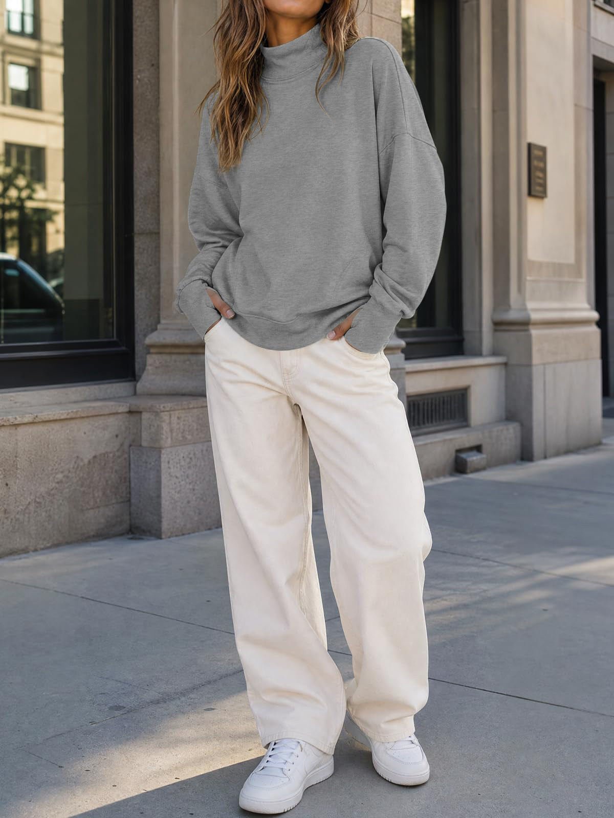 Mock Neck Oversized Womens Sweatshirt Solid Pullover Top