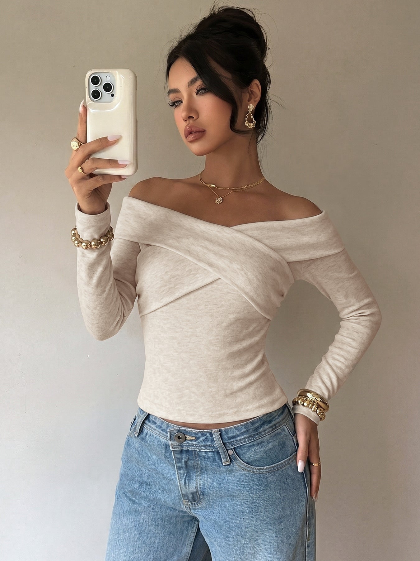 Solid Knit Top Romantic Crossover Off Shoulder