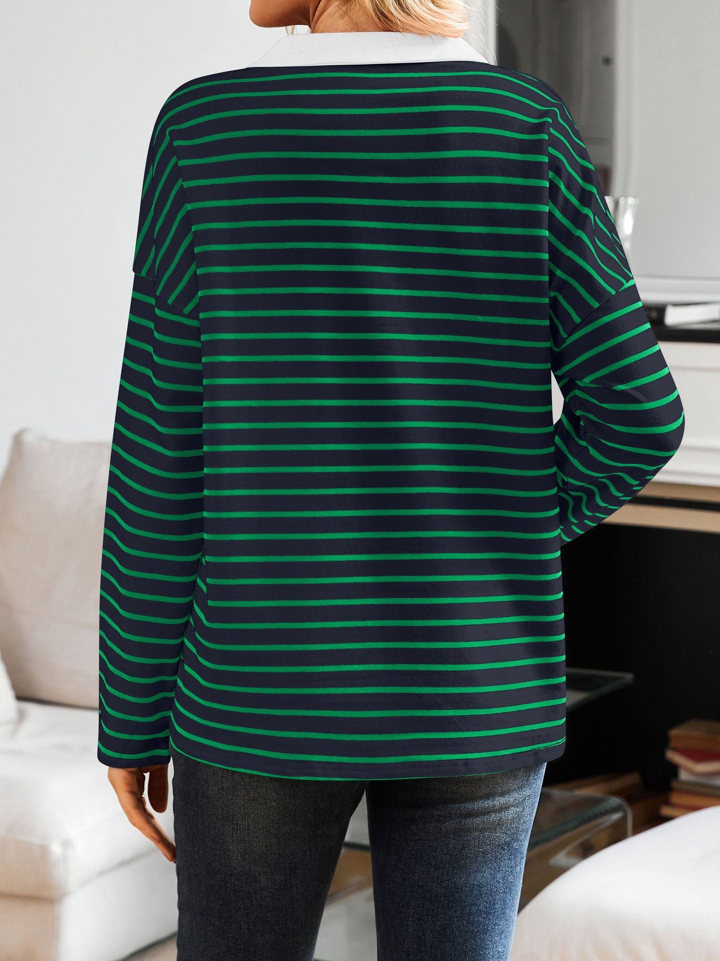Striped V-neck Loose Sweatshirt Lapel Sweater