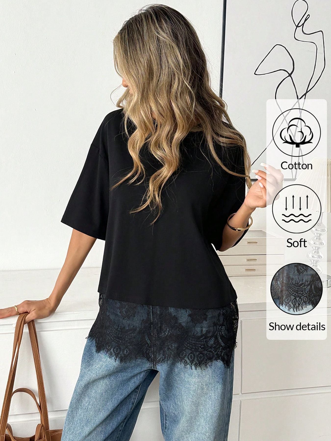 Women Lace Hem Loose Short Sleeve T Shirt