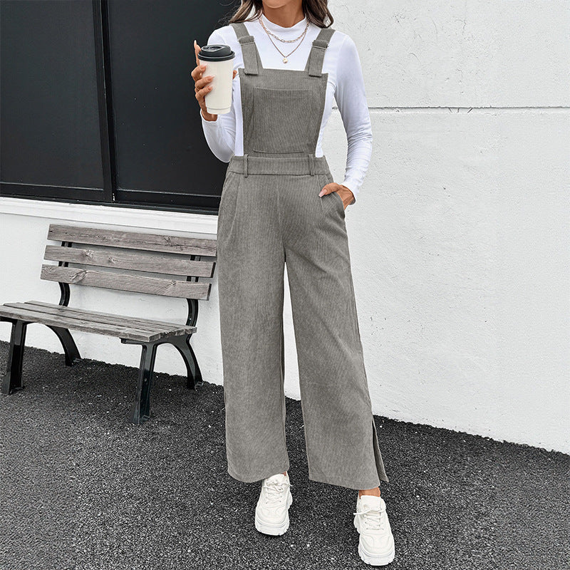 Corduroy Wide-leg Jumpsuit with Adjustable Straps
