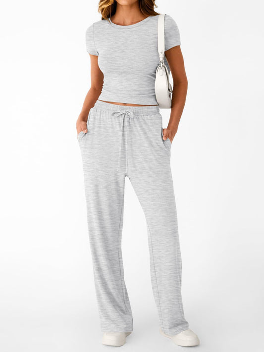 Women Y2K Two Piece Set Short Sleeve Crop Top Wide Leg Pants