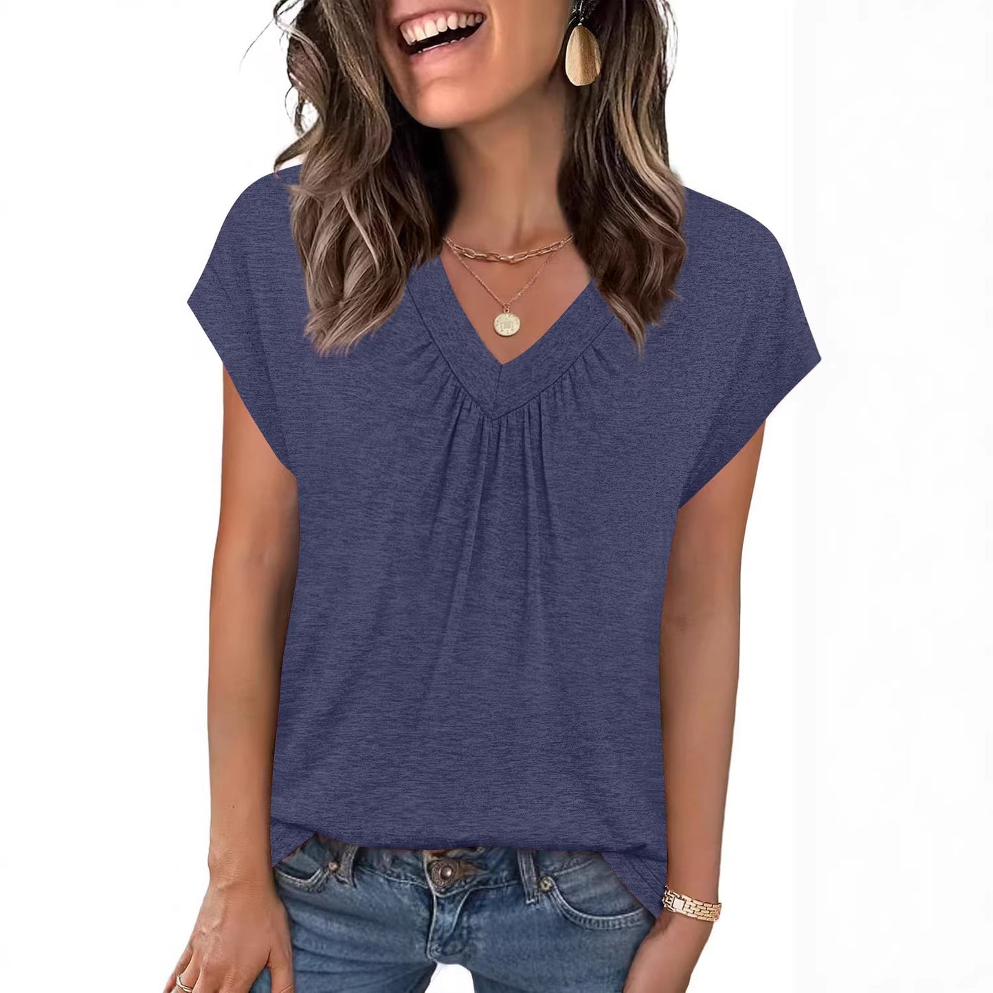 Heather Knit Tunic Top Casual V Neck Tee
