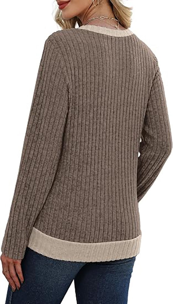 Color Block V-Neck Long Sleeve Ribbed Tunic with Buttons