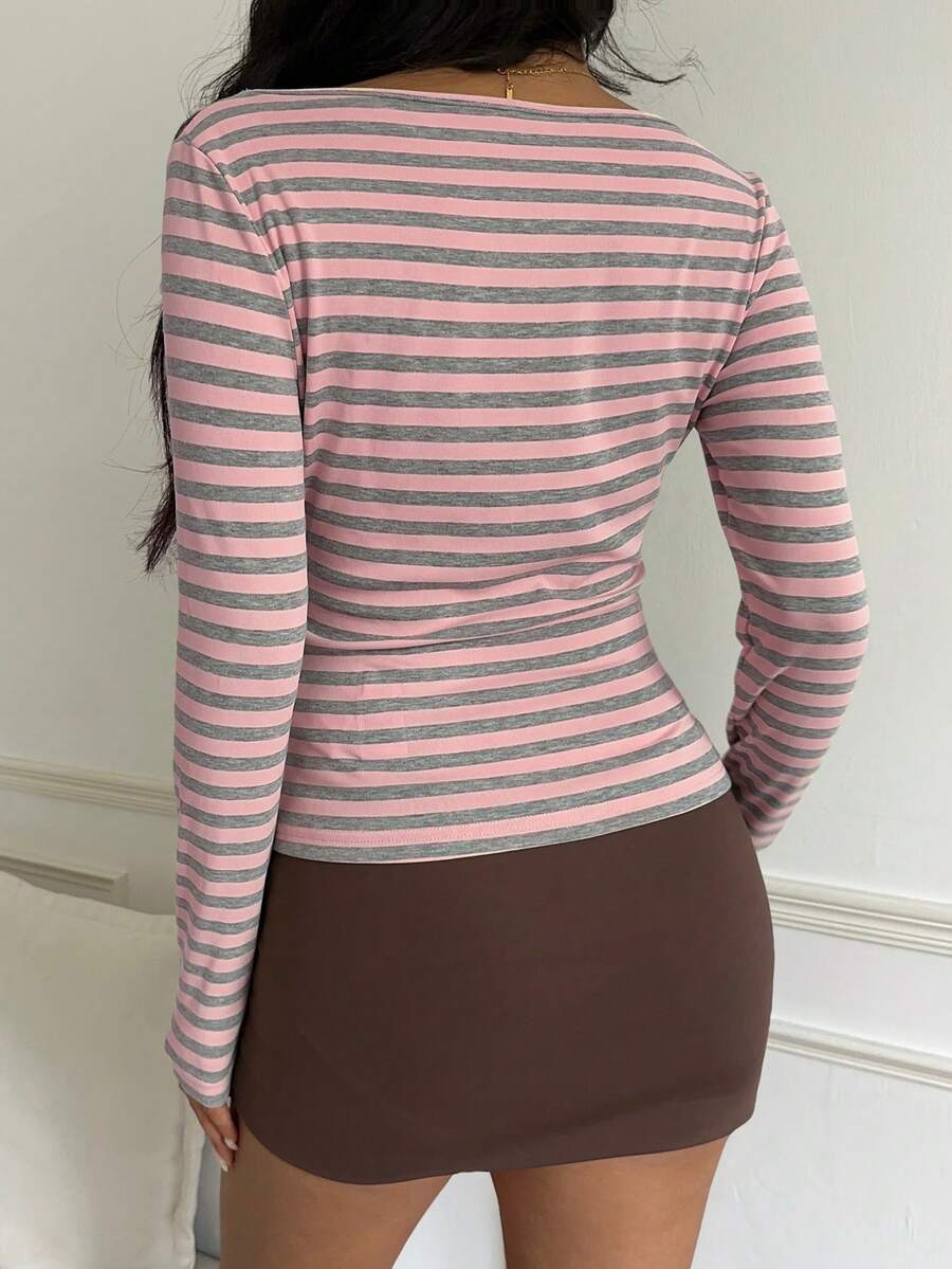 Striped Cotton Tee Casual Fitted Long Sleeve Trendy