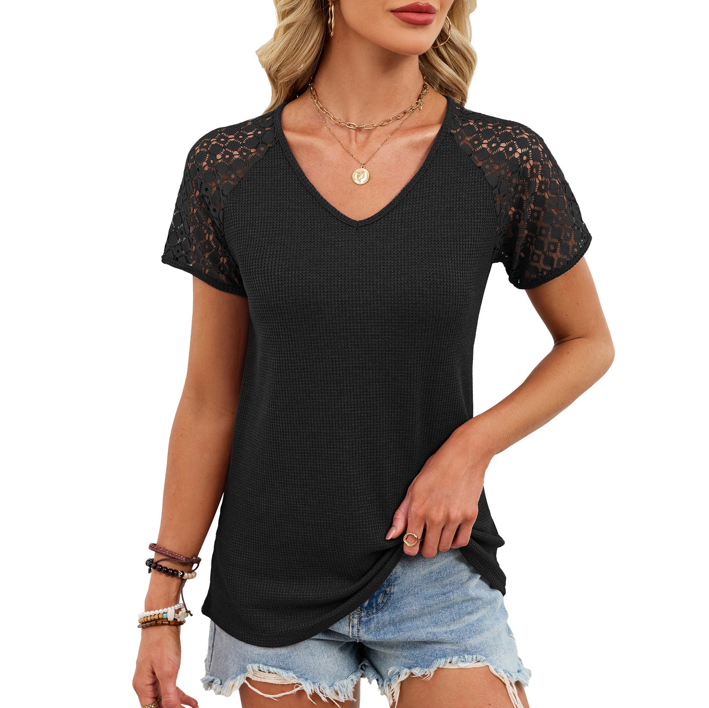 Women’s Lace Sleeve V Neck Casual Short Sleeve T Shirt Top