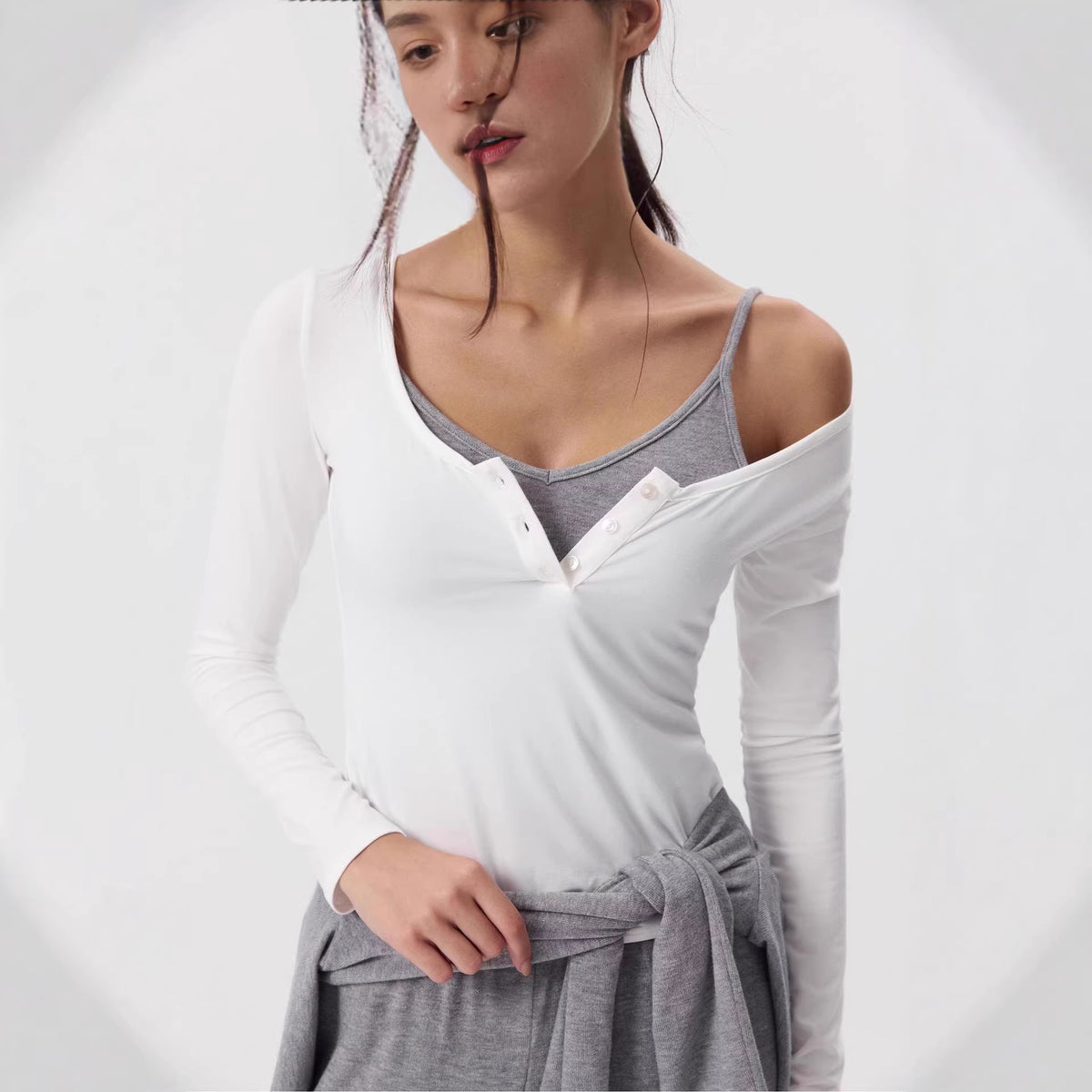 Women's Soft Modal Long Sleeve U-Neck Button Fitted Top