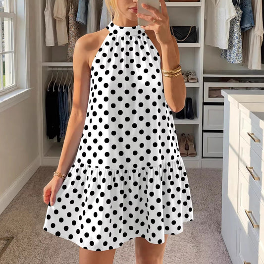 Polka Dot Halter Neck Mini Dress Ruffle Hem Summer