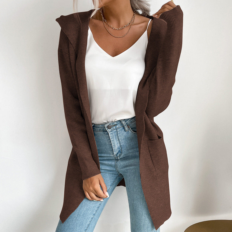 Hooded Knit Cardigan Long Sleeve Open Front Outerwear