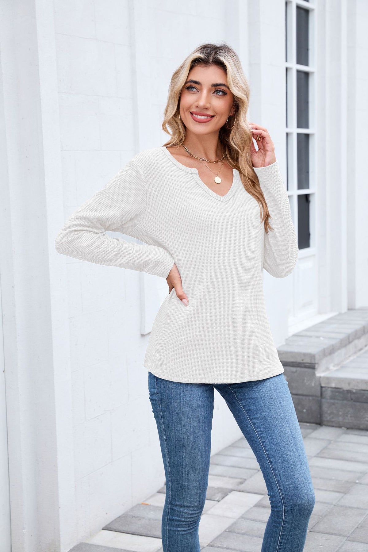 Women's Waffle Knit V Neck Long Sleeve Loose Top