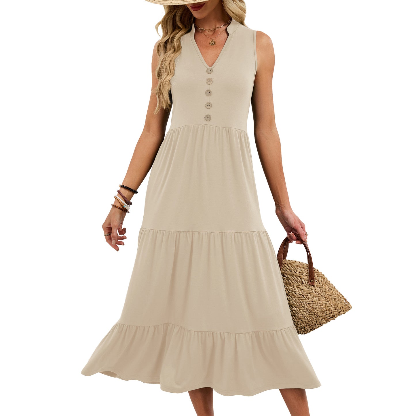 Sleeveless V Neck Button Tiered Midi Dress Casual
