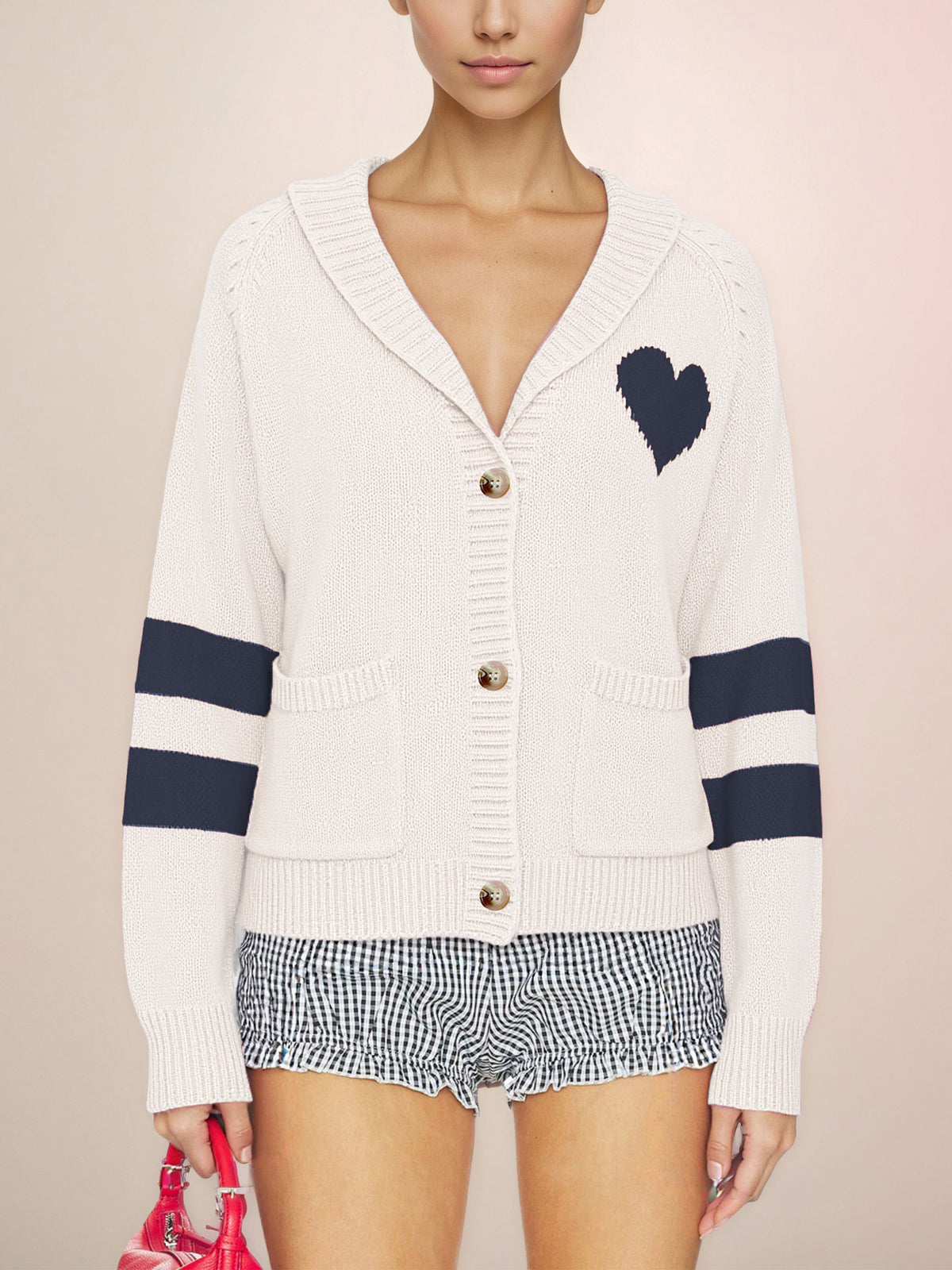 Womens Heart Patch Striped Cardigan Sweater V Neck