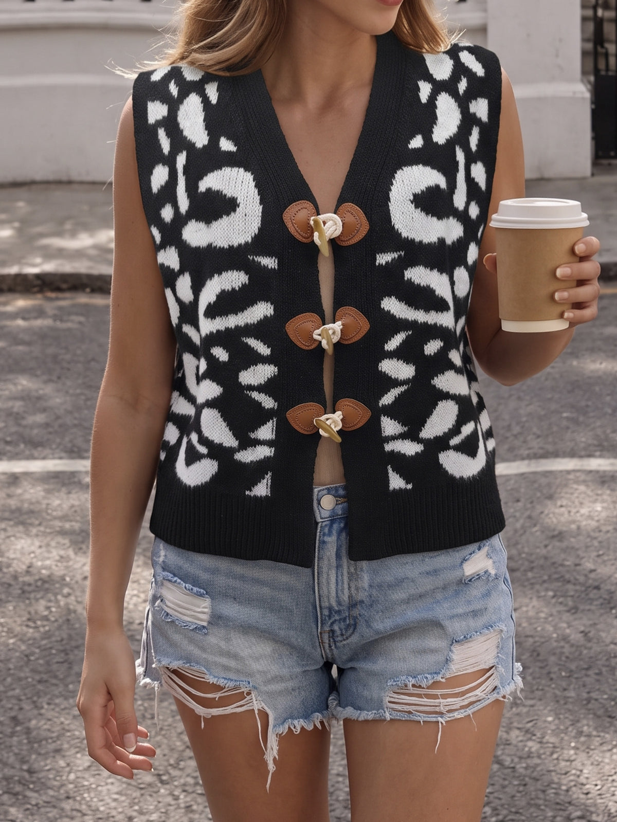 Women Leopard Sweater Vest V-Neck Toggle Button Knit