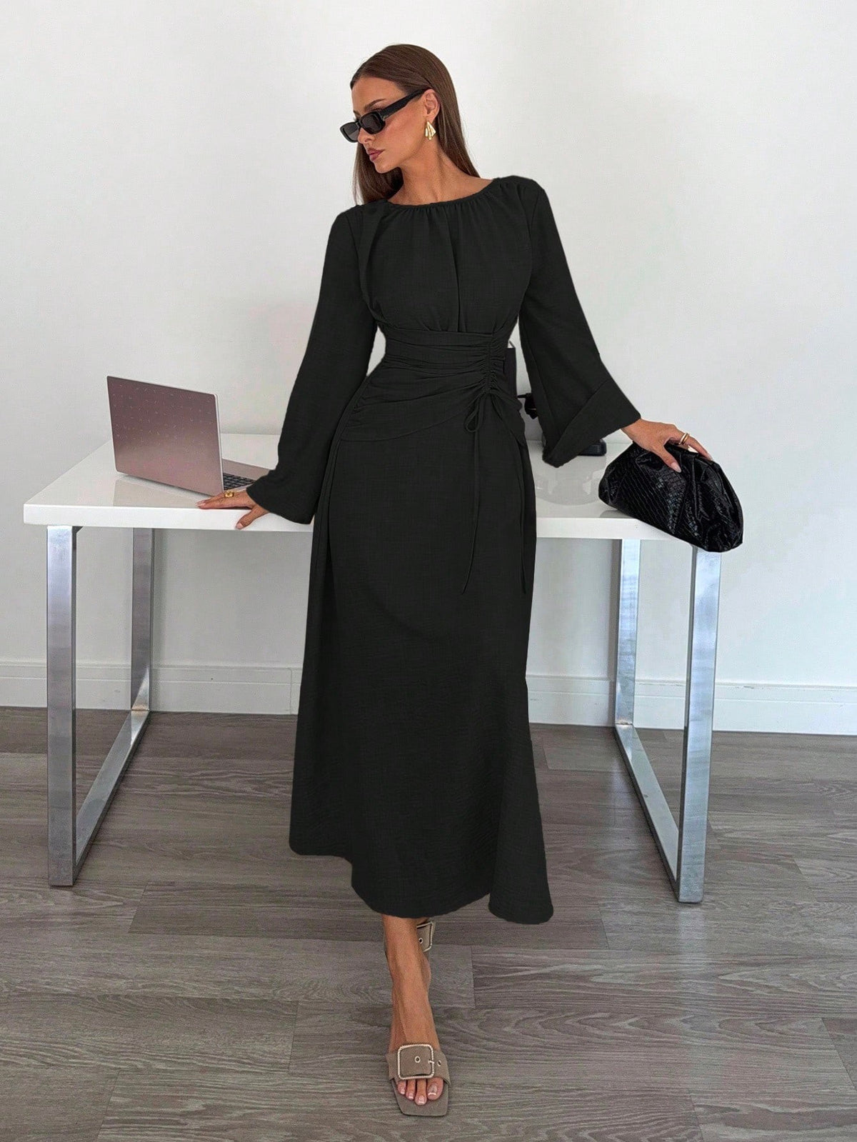 Women's Long Sleeve Tie Waist Ruched Midi Dress