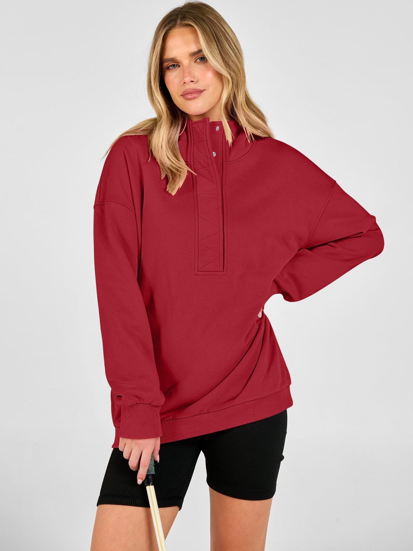 Solid Cotton Blend Hoodie Casual Oversized Snap Neck