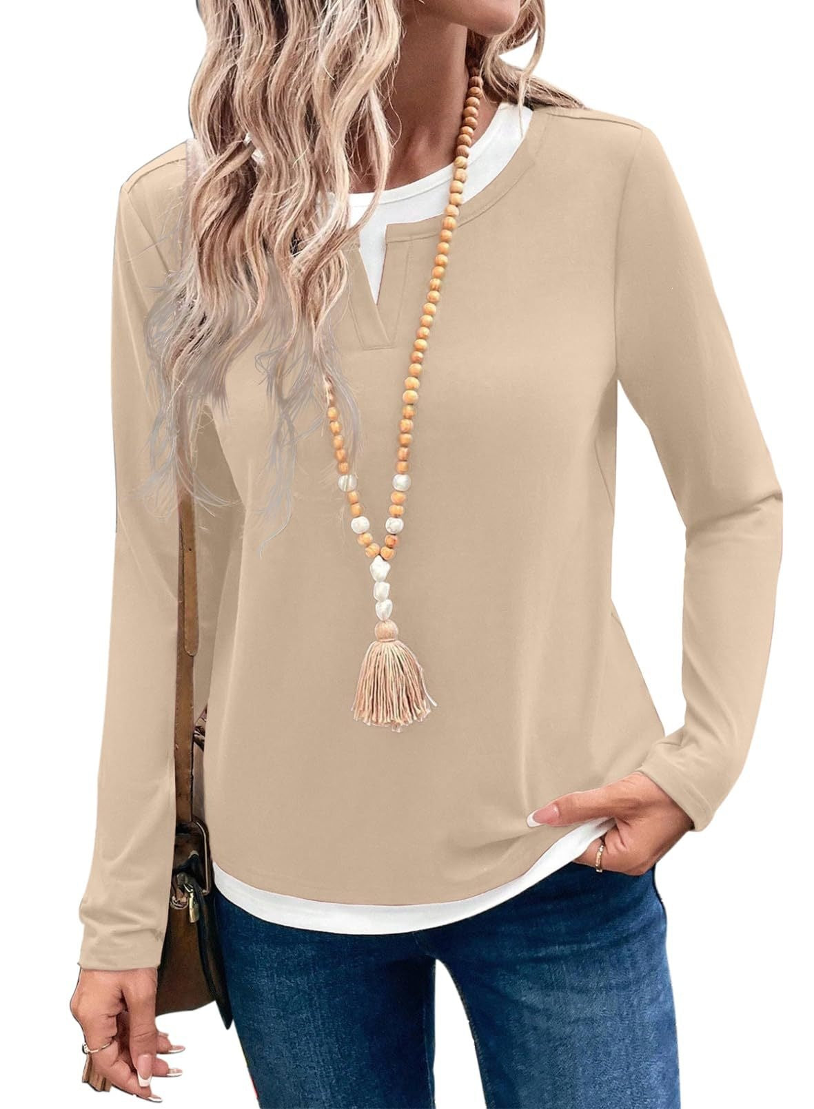 Color Block Long Sleeve Top Layered Look Casual Tee