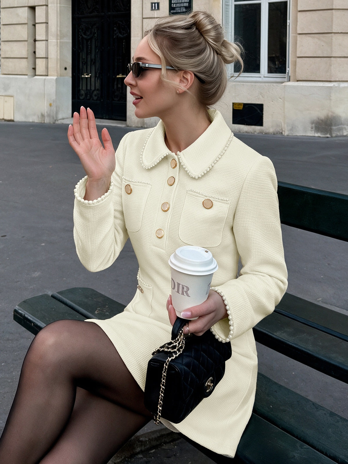 Womens Tweed Mini Dress Long Sleeve Collared Button Front