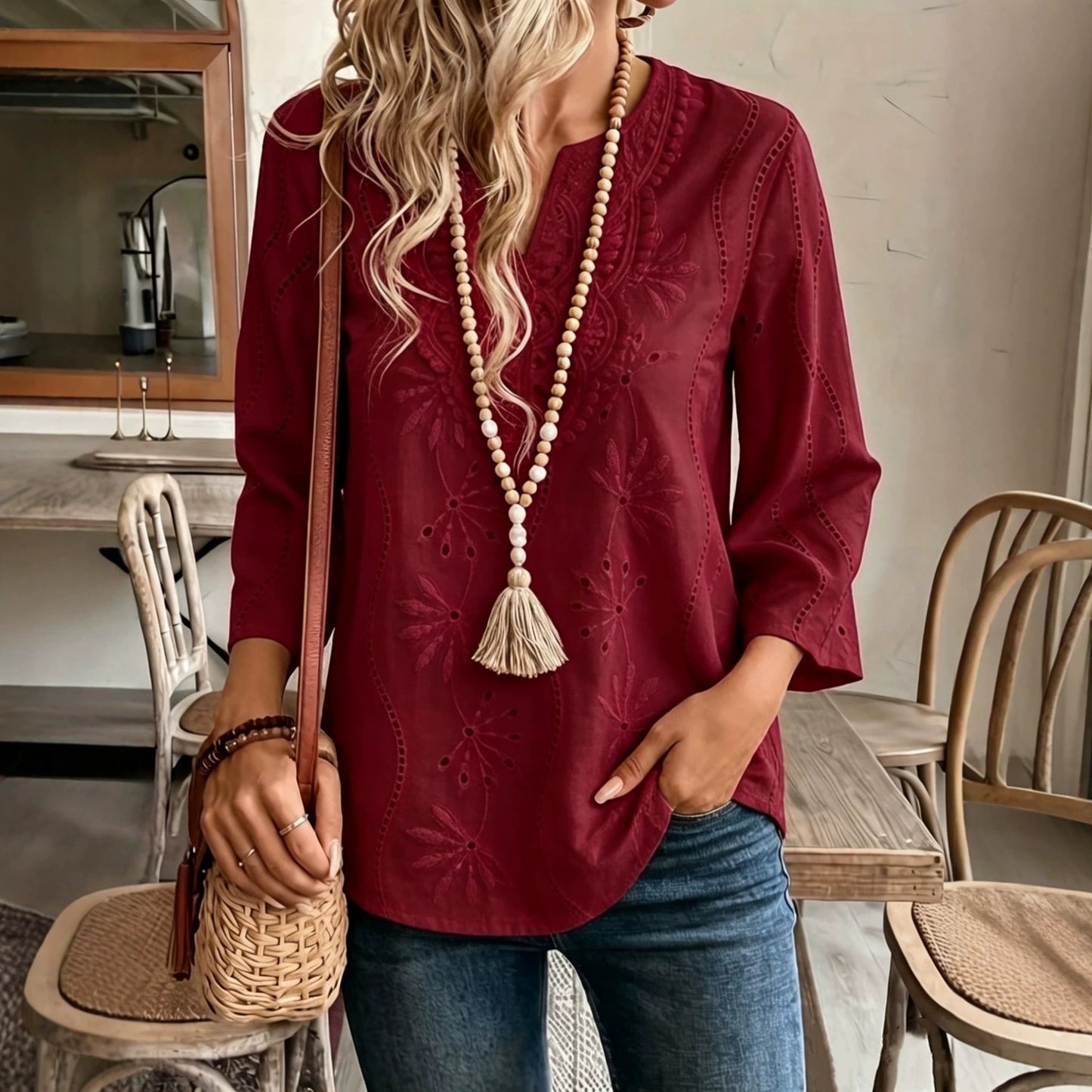 Embroidered Eyelet V Neck Three Quarter Sleeve Blouse